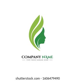 Beautiful woman's face logo design template. Hair, girl, leaf symbol. Abstract design concept for beauty salon, massage, magazine, cosmetic and spa. Premium vector icon
