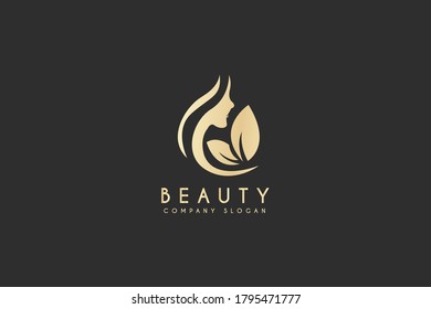 Beautiful woman's face logo design template. Hair, girl, leaf symbol. Abstract design concept for beauty salon, massage, magazine, cosmetic and spa. Premium vector icon.