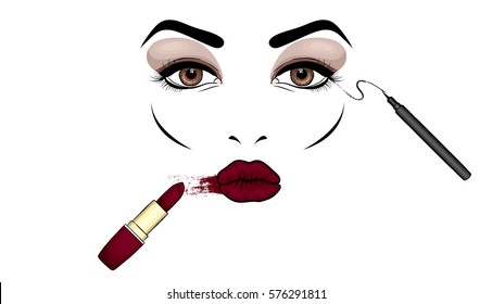 Beautiful woman's face with makeup. Eyes and lips. Cosmetics. Vector illustration for a card or poster. Print on clothes. Advertising.