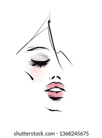 Beautiful woman's face with makeup. Hand-drawn portrait. Fashion illustration, sketch, vector
