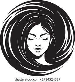 Beautiful woman's face in profile with long, flowing hair. Black and white circular logo icon for a beauty salon, spa, or hairdresser. Elegant female head silhouette vector illustration for cosmetic branding