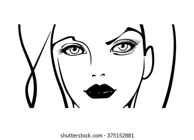 Beautiful woman's face.  Simple lines. Sketch. Black and white.