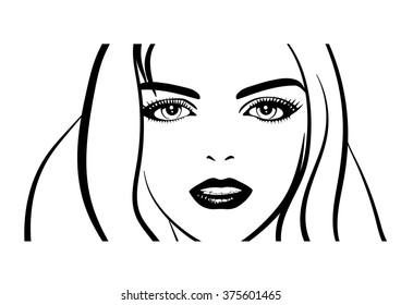 Beautiful woman's face.  Simple lines. Sketch. 