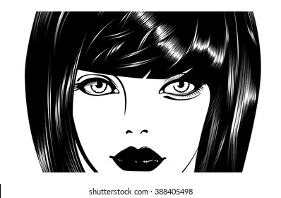 Beautiful woman's face. Simple lines. Sketch. Black and white.