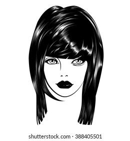 Beautiful woman's face. Simple lines. Sketch. Black and white.