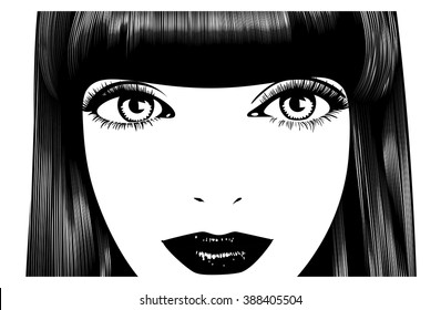 Beautiful woman's face. Simple lines. Sketch. Black and white.