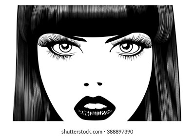 Beautiful woman's face. Simple lines. Sketch. Black and white.