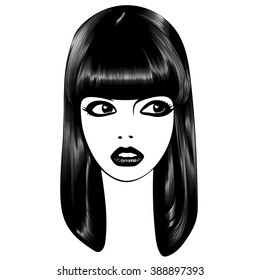 Beautiful woman's face. Simple lines. Sketch. Black and white.