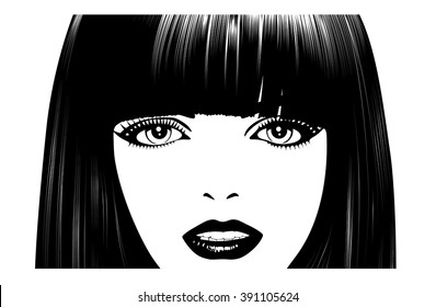 Beautiful woman's face. Simple lines. Sketch. Black and white.