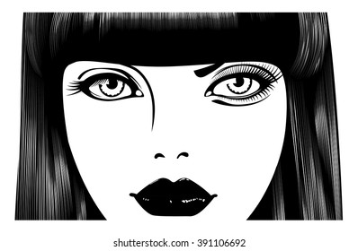 Beautiful woman's face. Simple lines. Sketch. Black and white.