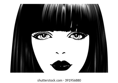 Beautiful woman's face. Simple lines. Sketch. Black and white.