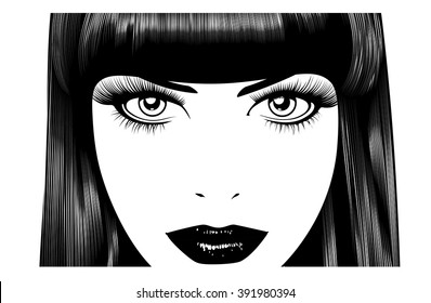 Beautiful woman's face. Simple lines. Sketch. Black and white.