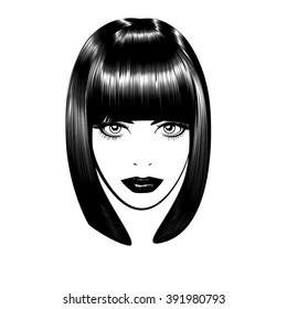 Beautiful woman's face. Simple lines. Sketch. Black and white.