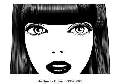 Beautiful woman's face. Simple lines. Sketch. Black and white.