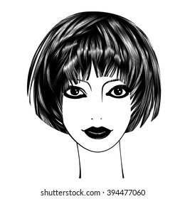 Beautiful woman's face. Simple lines. Sketch. Black and white.