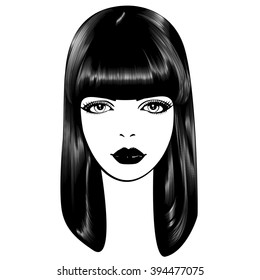 Beautiful woman's face. Simple lines. Sketch. Black and white.