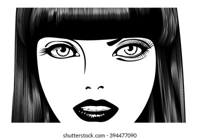 Beautiful woman's face. Simple lines. Sketch. Black and white.