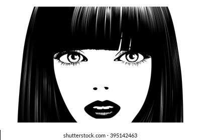 Beautiful woman's face. Simple lines. Sketch. Black and white.