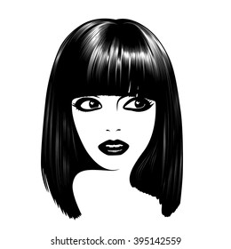 Beautiful woman's face. Simple lines. Sketch. Black and white.