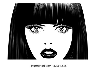 Beautiful woman's face. Simple lines. Sketch. Black and white.