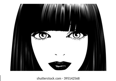 Beautiful woman's face. Simple lines. Sketch. Black and white.