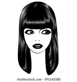 Beautiful woman's face. Simple lines. Sketch. Black and white.