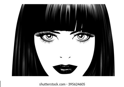 Beautiful woman's face. Simple lines. Sketch. Black and white.