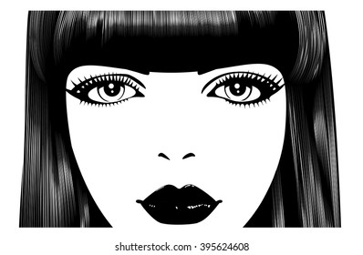 Beautiful woman's face. Simple lines. Sketch. Black and white.