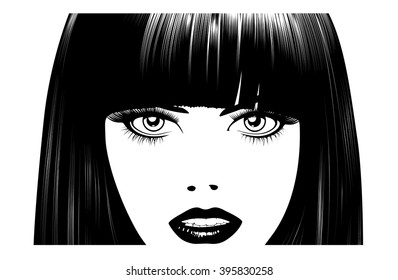 Beautiful woman's face. Simple lines. Sketch. Black and white.