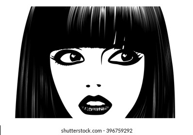 Beautiful woman's face. Simple lines. Sketch. Black and white.