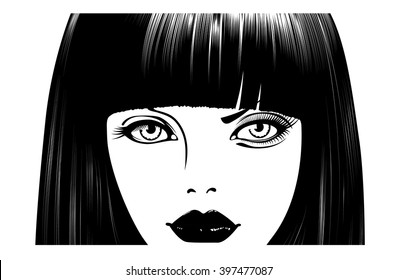 Beautiful woman's face. Simple lines. Sketch. Black and white.