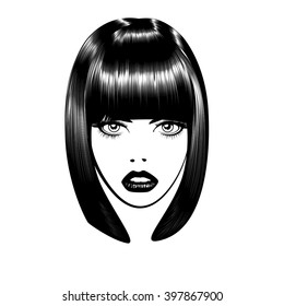 Beautiful woman's face. Simple lines. Sketch. Black and white.