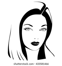 Beautiful woman's face. Simple lines. Sketch. Black and white.