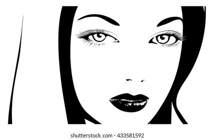 Beautiful woman's face. Simple lines. Sketch. Black and white.