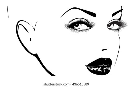 Beautiful woman's face. Simple lines. Sketch. Black and white.