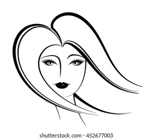 Beautiful woman's face. Simple lines. Sketch. Black and white.