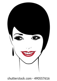 Beautiful woman's face. Simple lines. Sketch. Black, red and white.