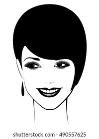 Beautiful woman's face. Simple lines. Sketch. Black and white.