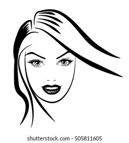 Beautiful woman's face. Simple lines. Sketch. Black and white. Logo.