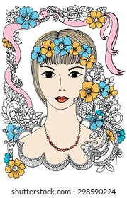 Beautiful woman's face and wild summer flowers