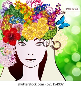 Beautiful woman's face in a wreath of flowers. Vector illustration.