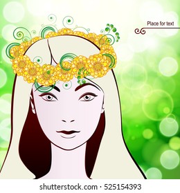 Beautiful woman's face in a wreath of flowers. Vector illustration.
