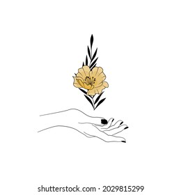 Beautiful woman's hand with gold flower. Vector flower illustration perfect for spa, greetings card, tattoo, prints, cards, mystery.