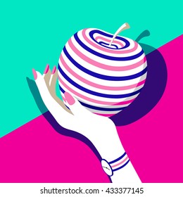 Beautiful woman's hand holding apple. Trendy strip. Fashion minimalism. Modern pop art background. Vector illustration