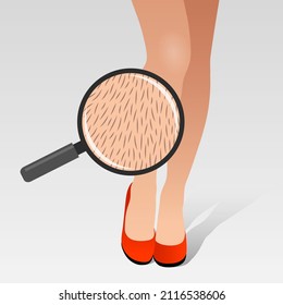 Beautiful woman's legs and hair seen through magnifying glass. Concept of fashion and beauty trends and standards, body positivity, hairy unshaved body parts