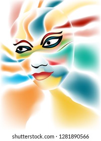 A beautiful woman's painted face is featured in a colorful beauty and fashion illustration.