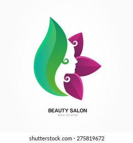 Beautiful woman's profile face in purple and green flower leaves. Vector logo design template. Abstract design concept for beauty salon, massage, cosmetic and spa. 