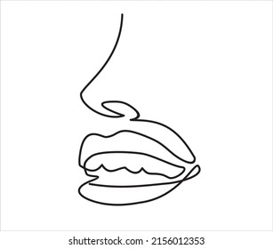 Beautiful womans smile lips in continuous line art drawing style. Dental clinic logo. Woman lips logo on white background.
 Minimalist black linear sketch isolated on white background. 