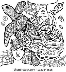 Beautiful  women with abstract hair and marine design elements could be used for coloring book.