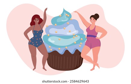 Beautiful women bikini posing near big cake. Body positive and love your body